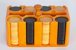 Incredible Bright Orange Catalin Poker Chip Holder - Yellow + Black Chips