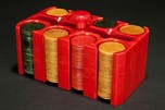 Catalin Bakelite Poker Chip Caddy with Chips - Bright Red Art Deco Design