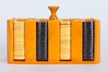 Incredible Bright Orange Catalin Poker Chip Holder - Yellow + Black Chips