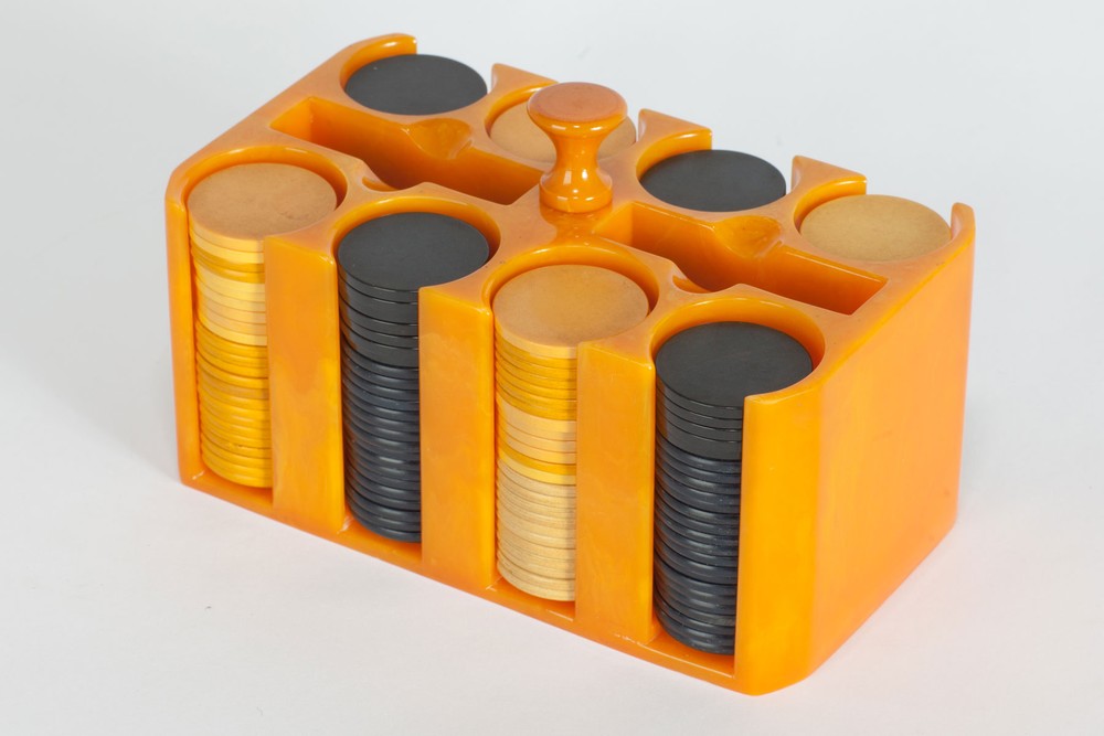 Incredible Bright Catalin Chip Holder - Yellow + Black Chips | | Decophobia | 20th Century Design