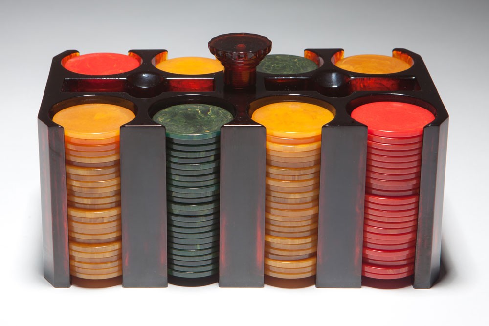 Vintage Bakelite Poker Chips with Round Bakelite Poker Chip Caddy CATALIN?