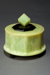 Rare Catalin Box with Cube Finial in Pistachio Green + Black