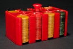 Catalin Bakelite Poker Chip Caddy with Chips - Bright Red Art Deco Design