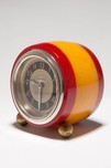 Catalin Barrel Shaped Red + Yellow Laminated New Haven Art Deco Clock