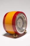 Catalin Barrel Shaped Red + Yellow Laminated New Haven Art Deco Clock