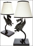 Splendid Pair of Iron Sea-Wyvern Antique Lamps - Monumental